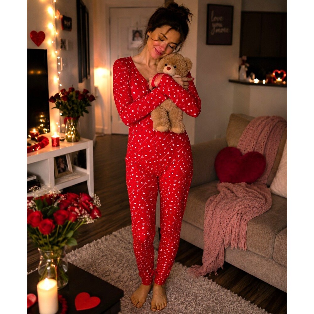 Shosho Women’s Red Valentine Heart Pajama bodysuit  Size M New Peach Skin Fabric
